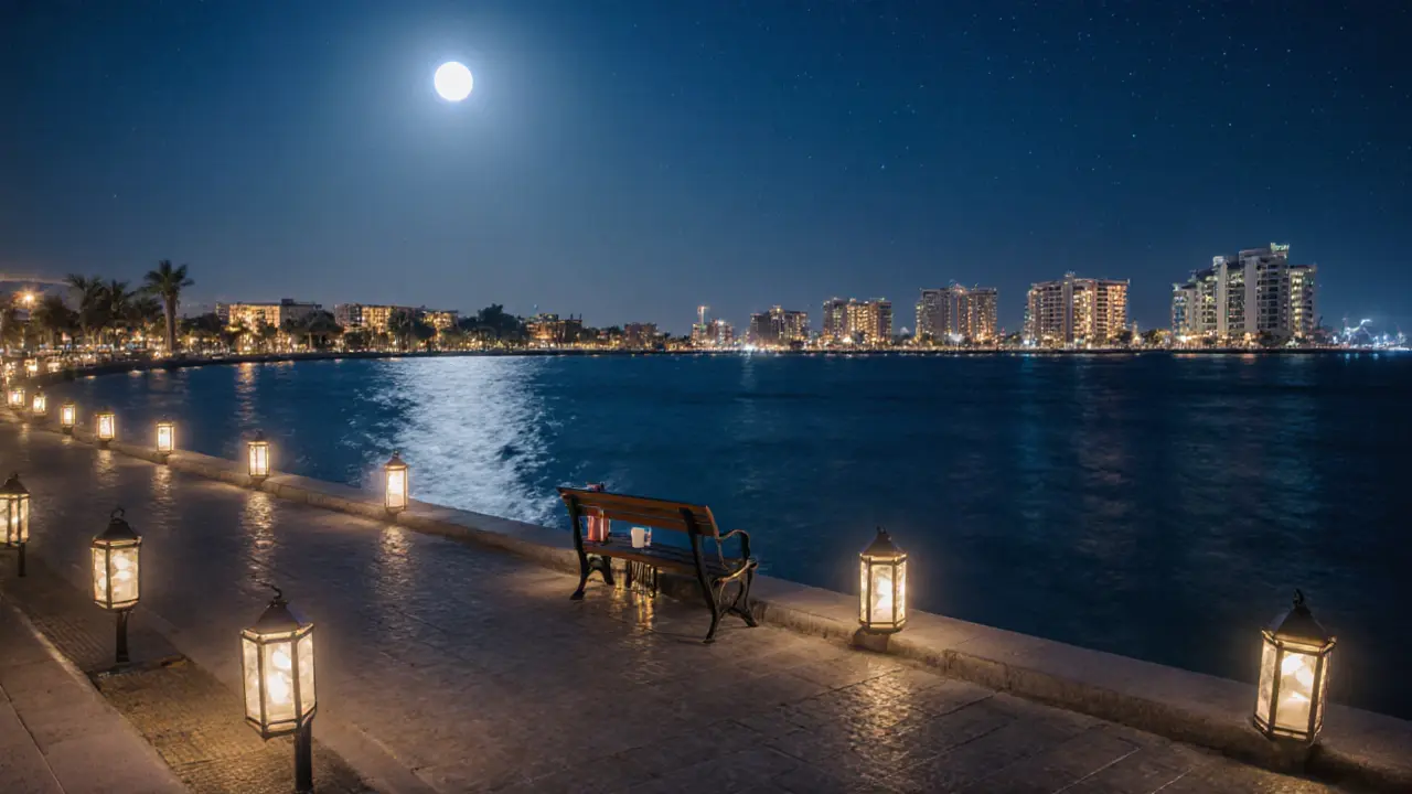 Empty Palm Jumeirah promenade at night with lanterns and bench facing the sea under moonlight.