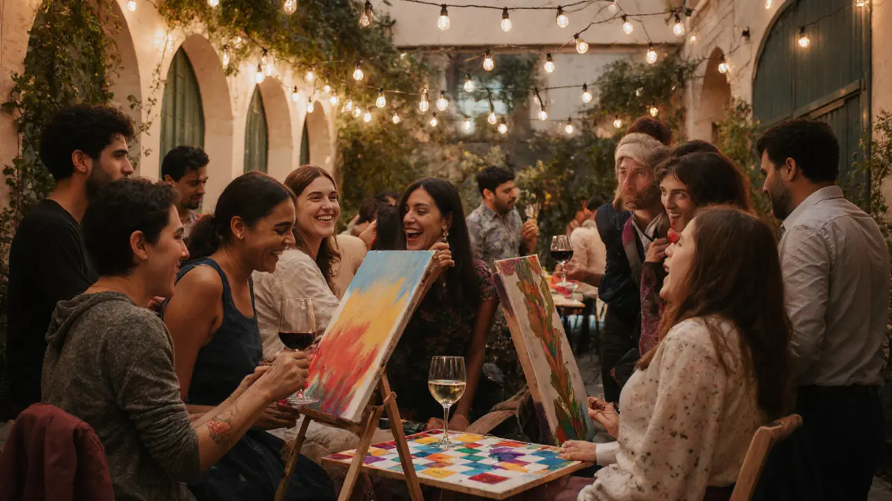 Expat friends socializing at an arts courtyard in Dubai under string lights.