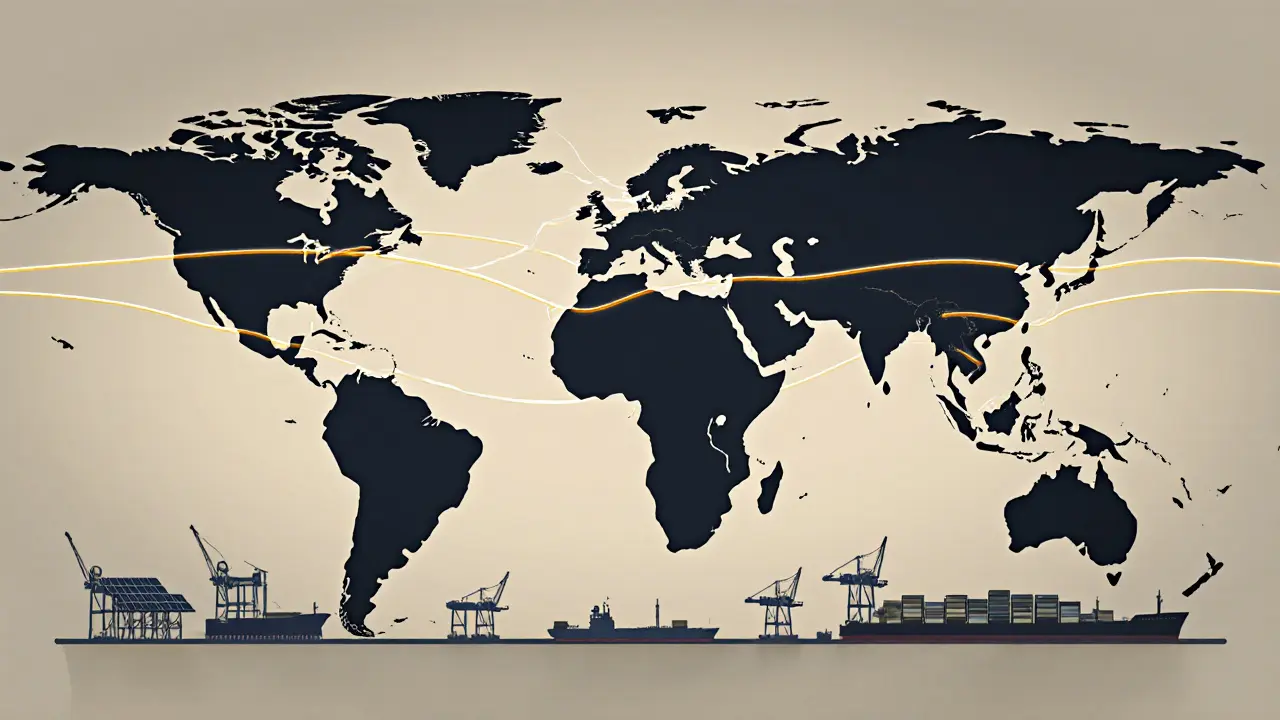 Global map with glowing trade routes converging on Dubai, featuring cranes and solar warehouses.