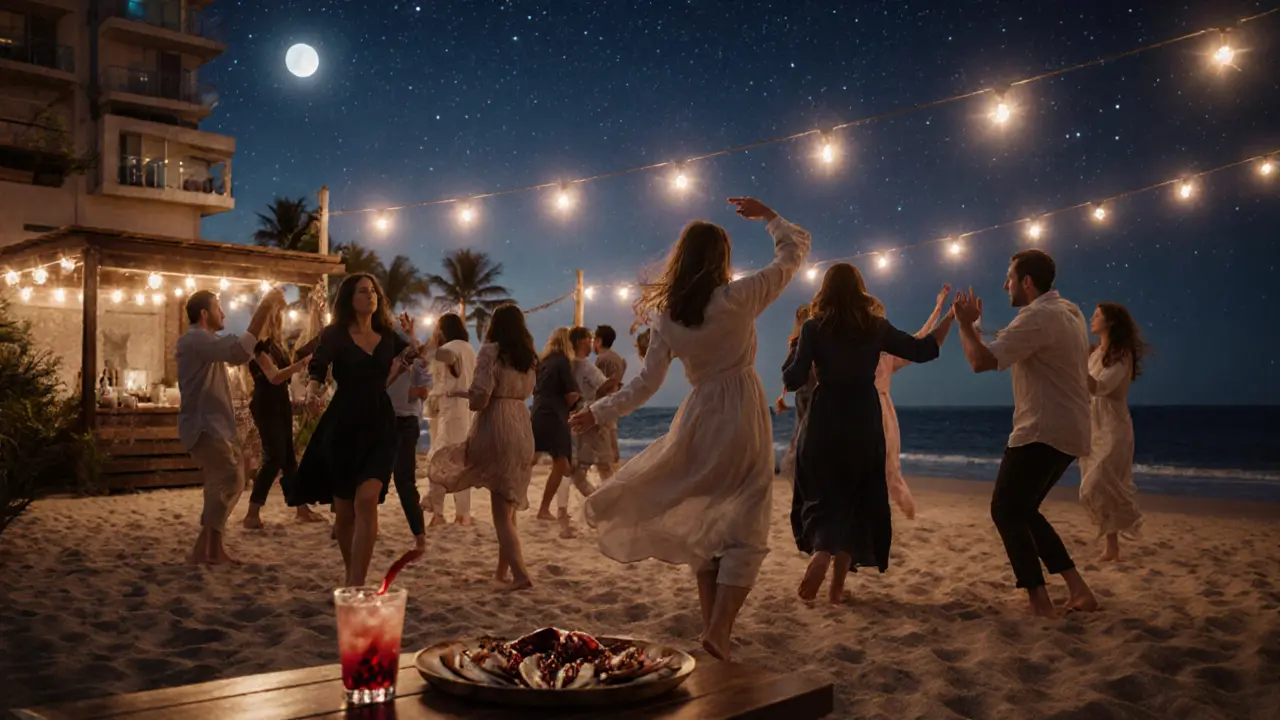 Guests dancing barefoot on a beach at dawn under string lights and a starry sky.
