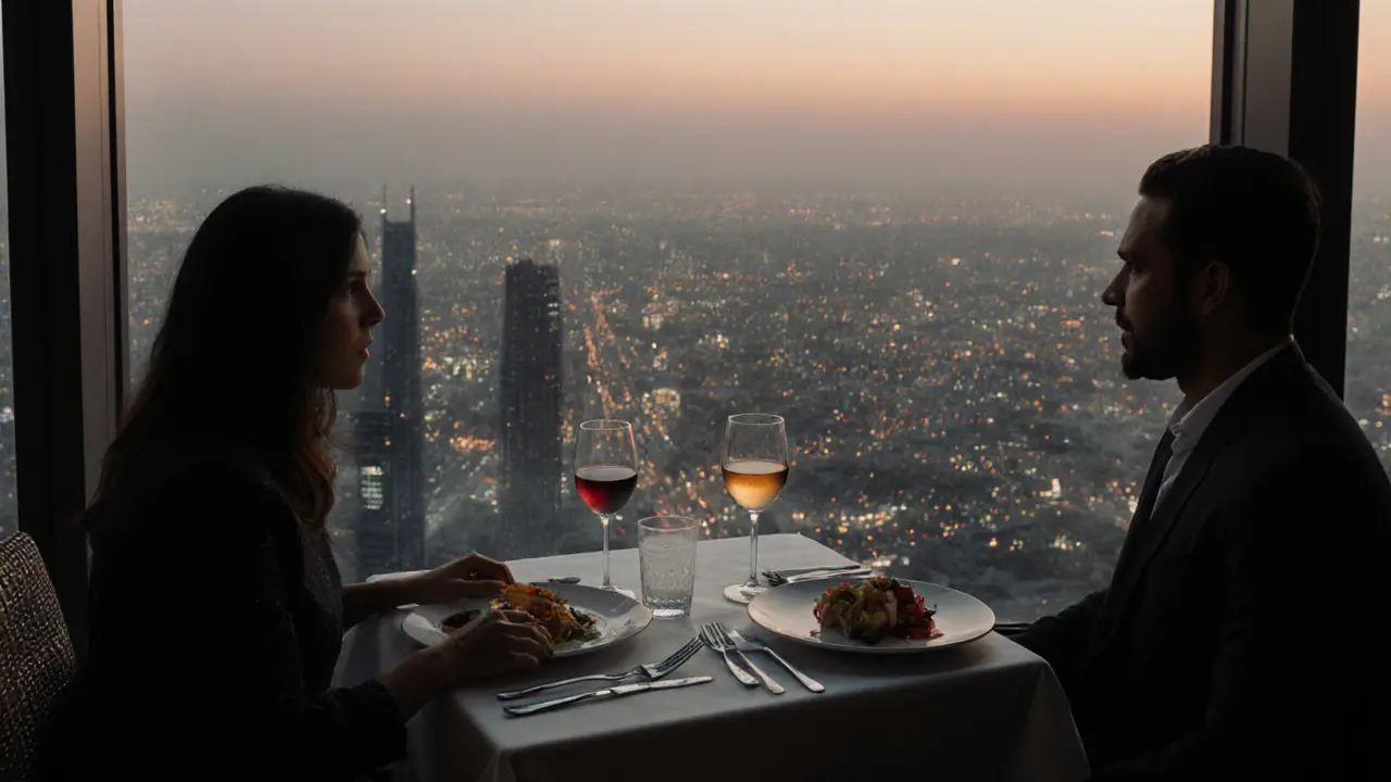 Intimate dinner on Burj Khalifa&#039;s 122nd floor with city lights glowing below at dusk.