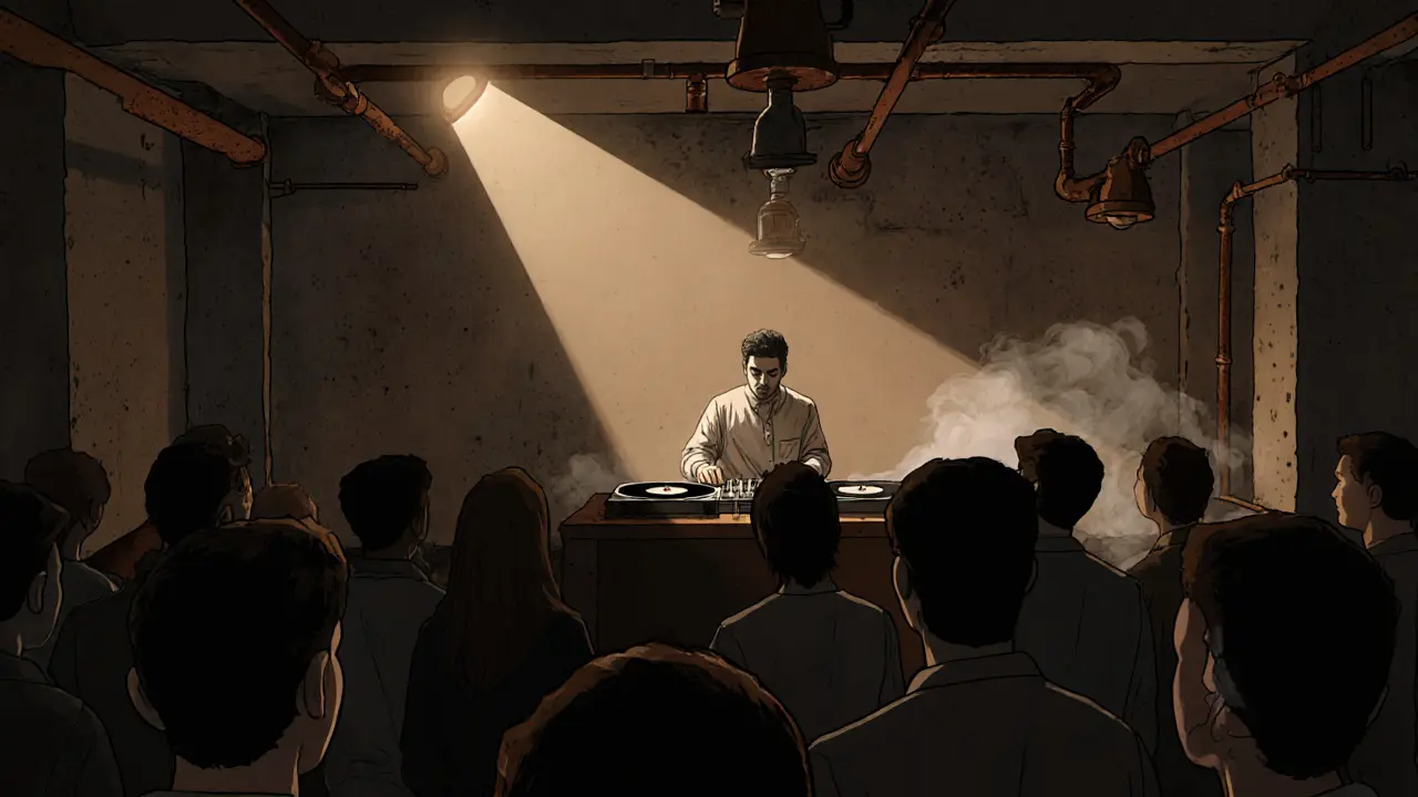 Local DJ performing at The Waiting Room as audience loses themselves in the music.