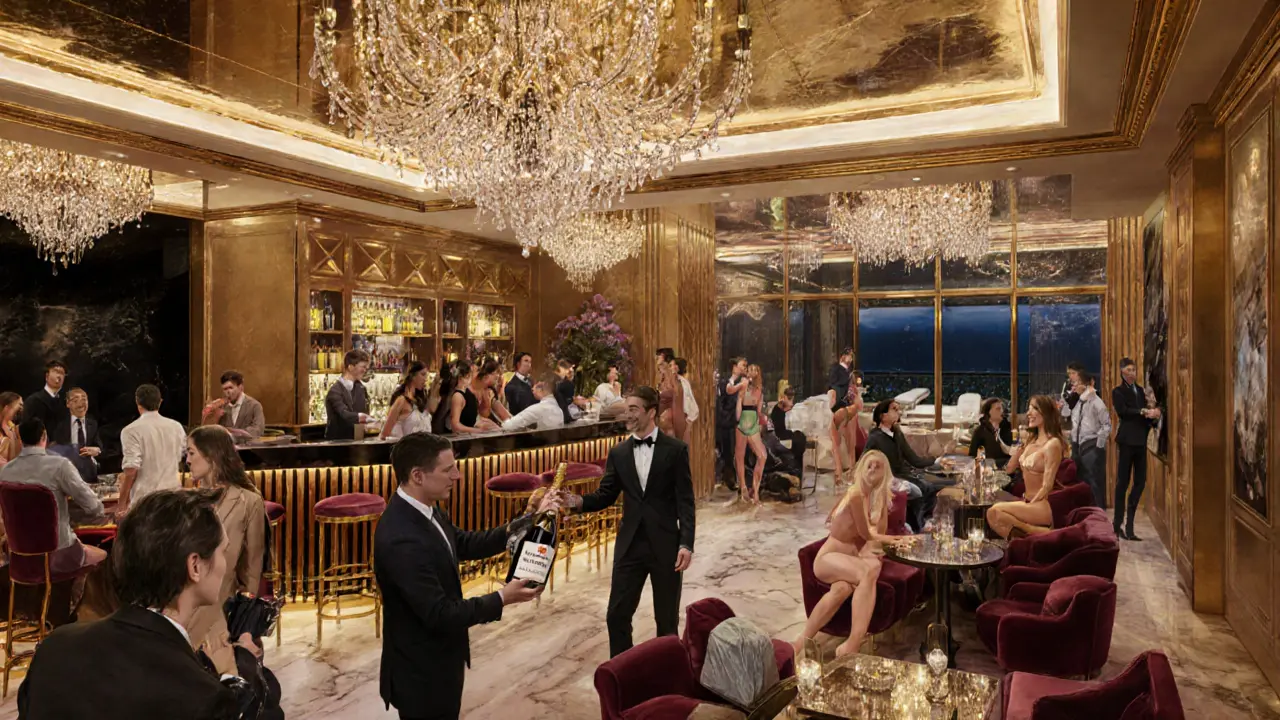 Luxurious nightclub interior with gold accents, LED ceilings, and stylish guests around a chandelier.