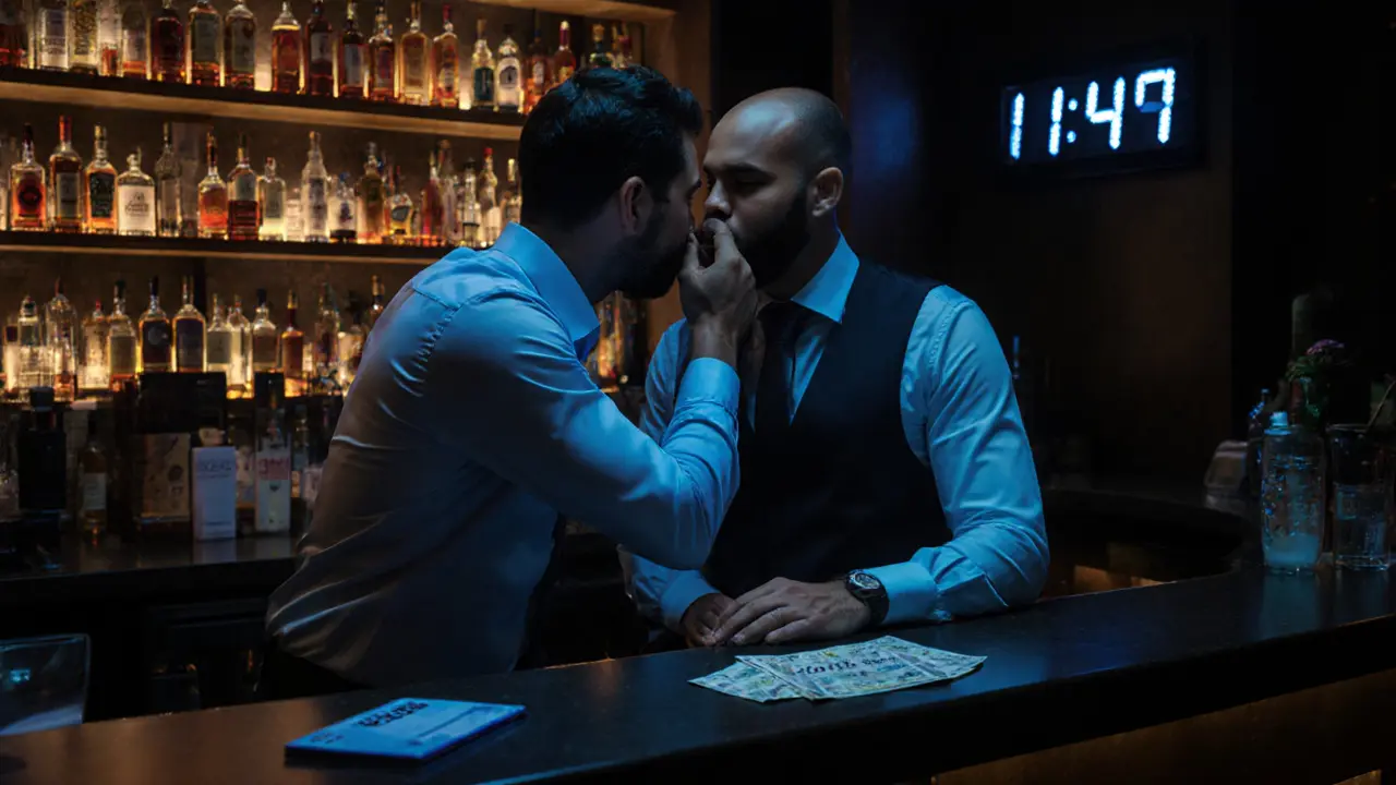Man whispering to a club manager at a dim bar counter, showing a loyalty card and cash on the counter.