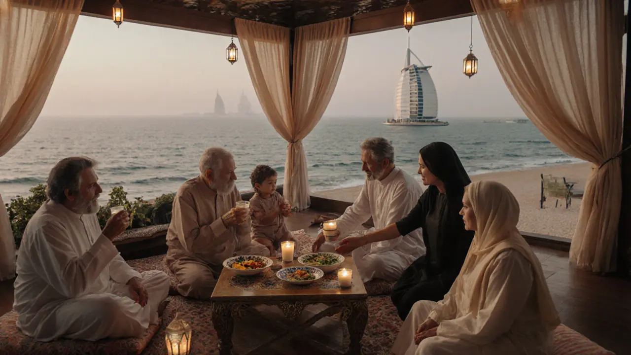 Multi-generational family dining on floor cushions at a beachfront rooftop with traditional Emirati food.
