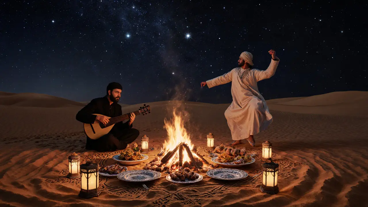 Nighttime desert camp with firelight, lanterns, traditional food, and a dancer under a star-filled sky.