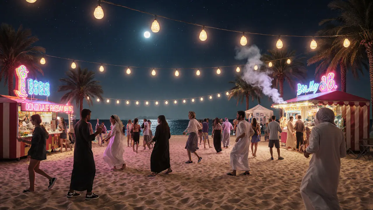 Open-air beach party with people dancing on sand under string lights, food trucks and shisha lounges nearby.
