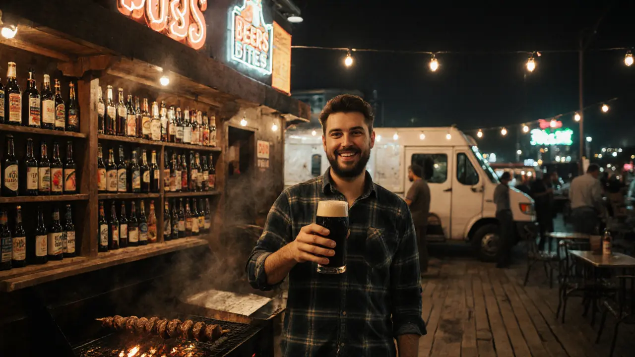 Patrons enjoy craft beer and kebabs at Beers &amp; Bites under string lights with international beer bottles behind them.