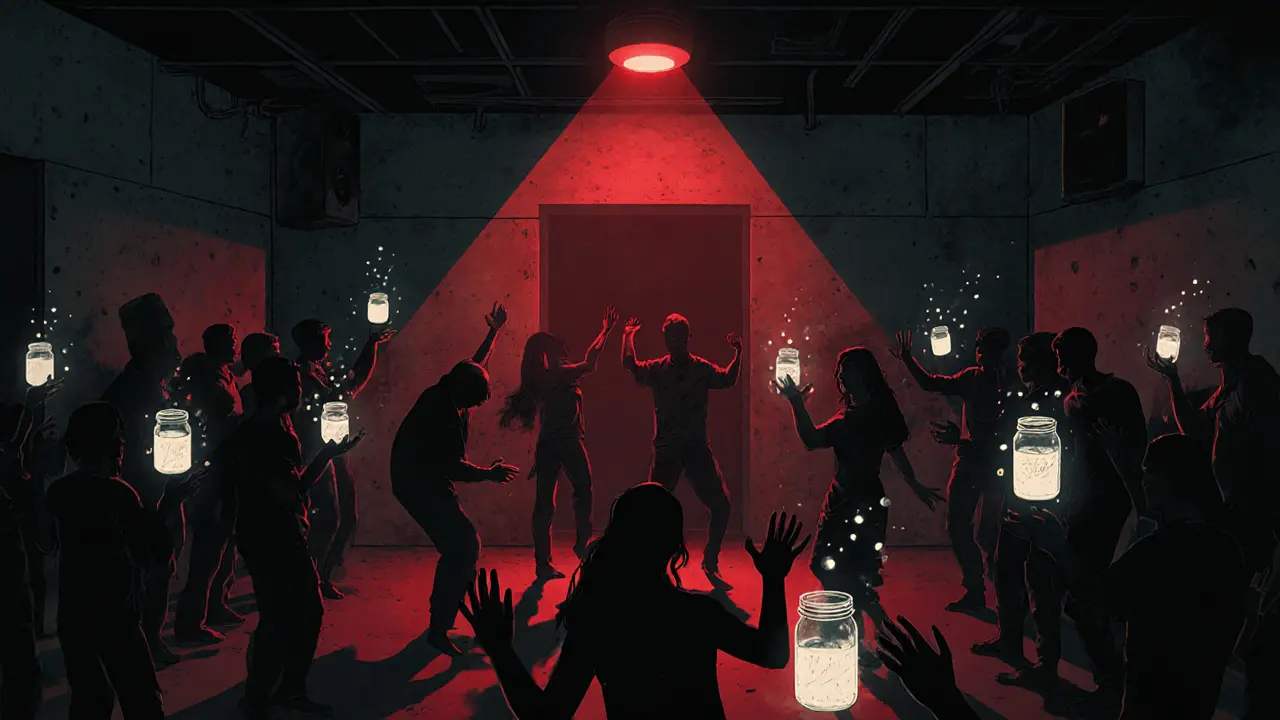 People dancing in dark basement club with vintage speakers and red entrance light, mason jars in hand.