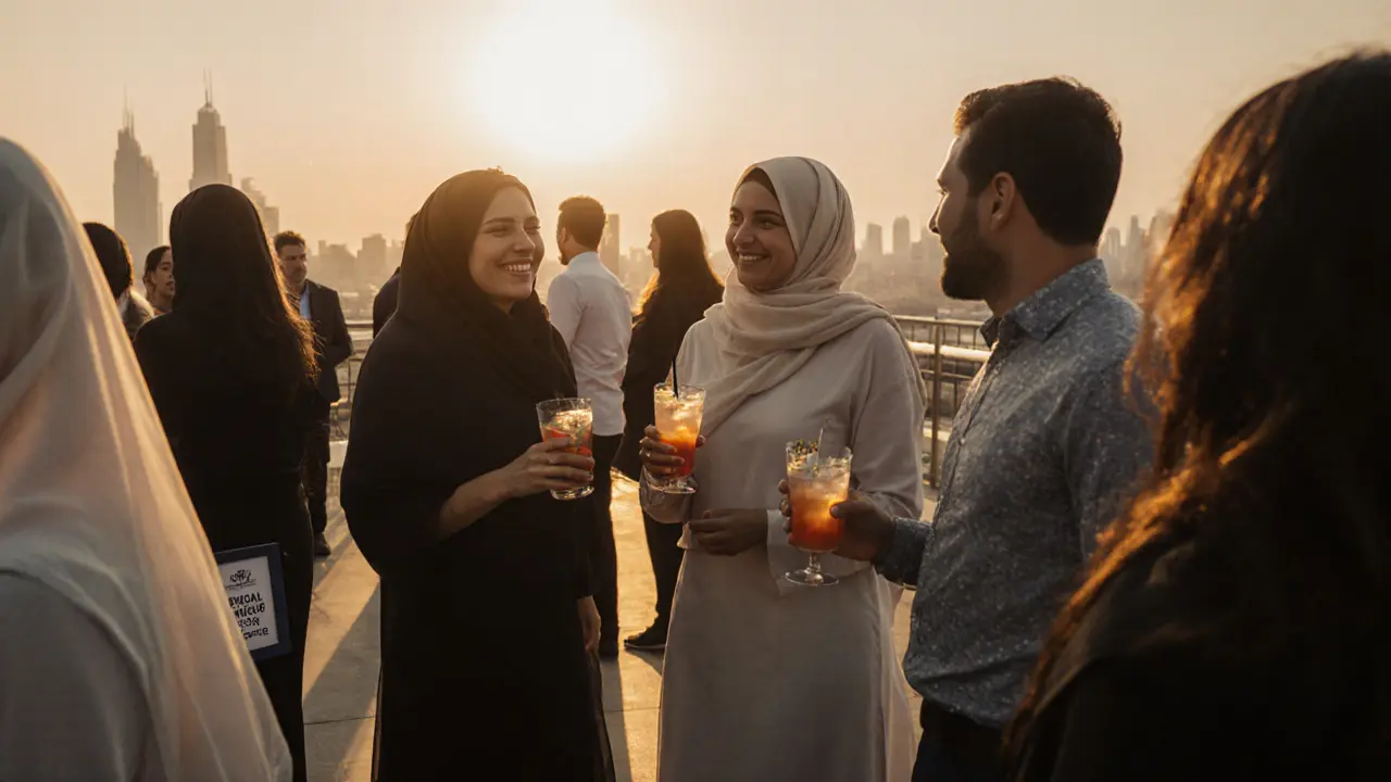 People socializing at a rooftop lounge in Dubai, enjoying conversation and cocktails in a safe, legal setting.