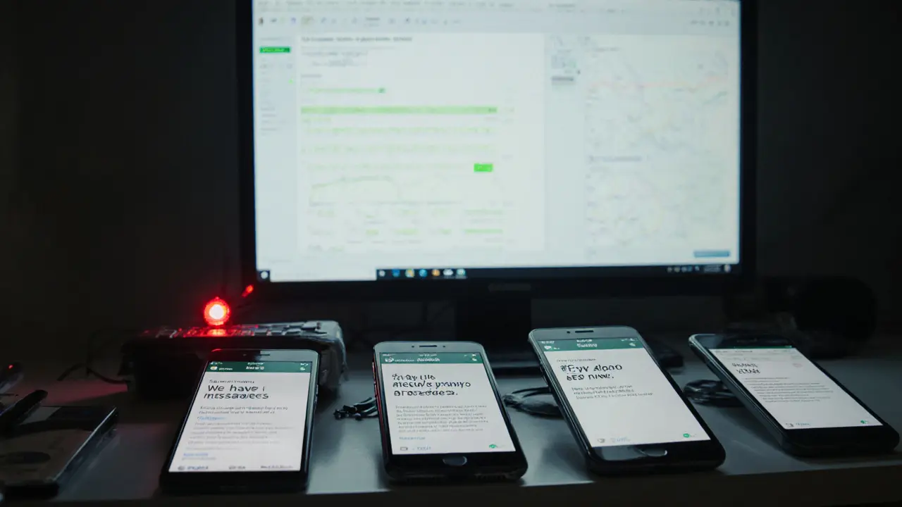 Police evidence room with seized phones displaying scam messages and AI monitoring screens.