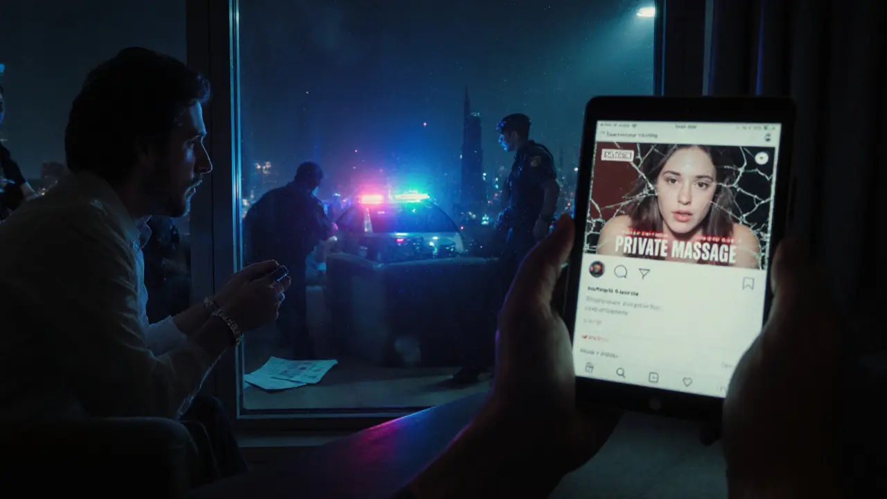 Police raid in a Dubai apartment, seizing phones as a tourist is arrested after falling for a fake massage scam.