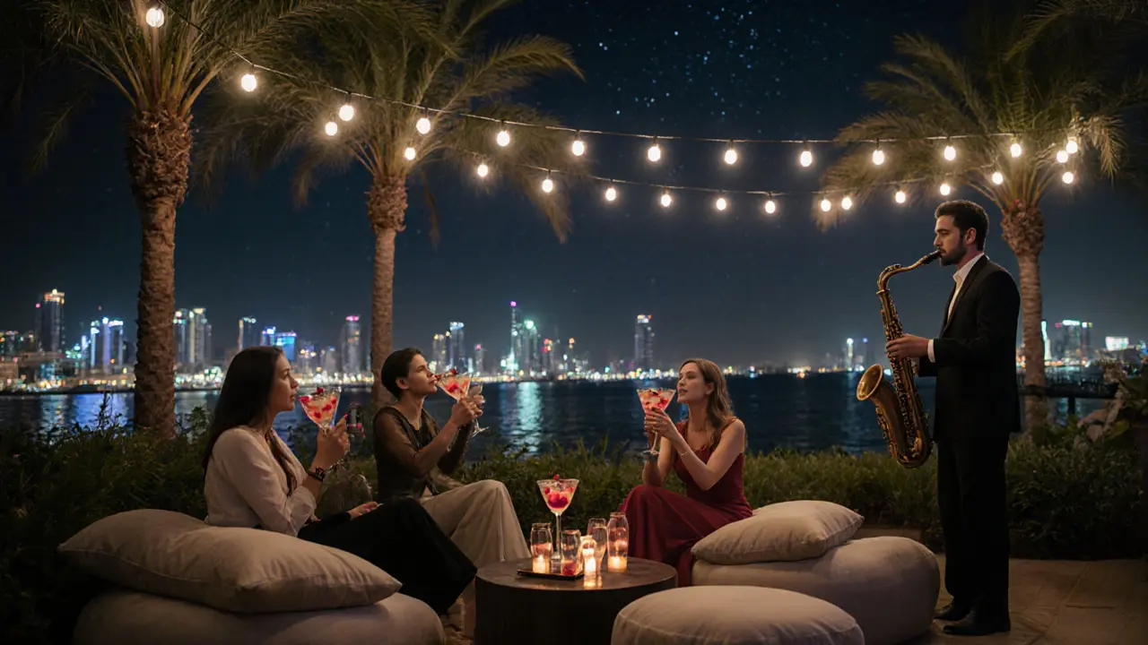 Quiet group in the garden corner at night sipping cocktails as a saxophonist plays softly under string lights.