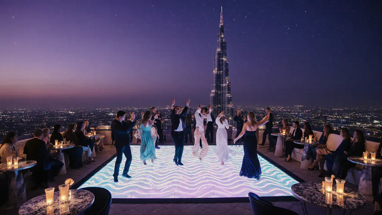 Rooftop dancers under starlit sky with LED floor glowing neon waves and Burj Khalifa in background.