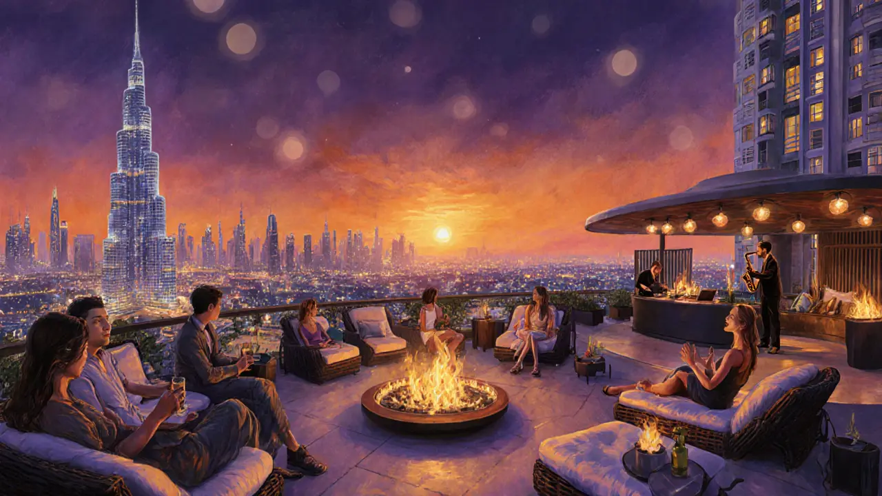 Sunset terrace with fire pits and live saxophone player, city lights beginning to twinkle below.