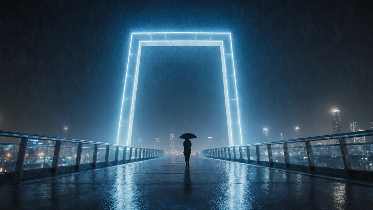 The Dubai Frame glowing blue at night during humid weather, rain reflecting off its glass bridge under soft LED lights.