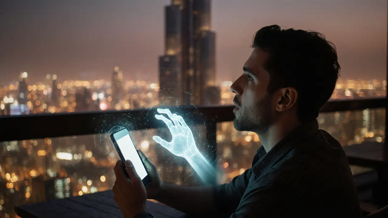 Tourist at a Dubai rooftop bar shocked by digital extortion threats from his phone screen.