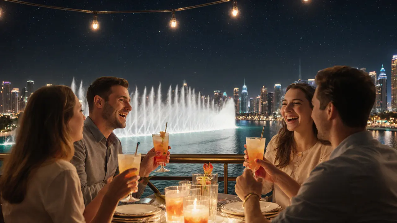 Travelers enjoy cocktails on a rooftop bar in Dubai, watching the fountain show under a starry night sky.