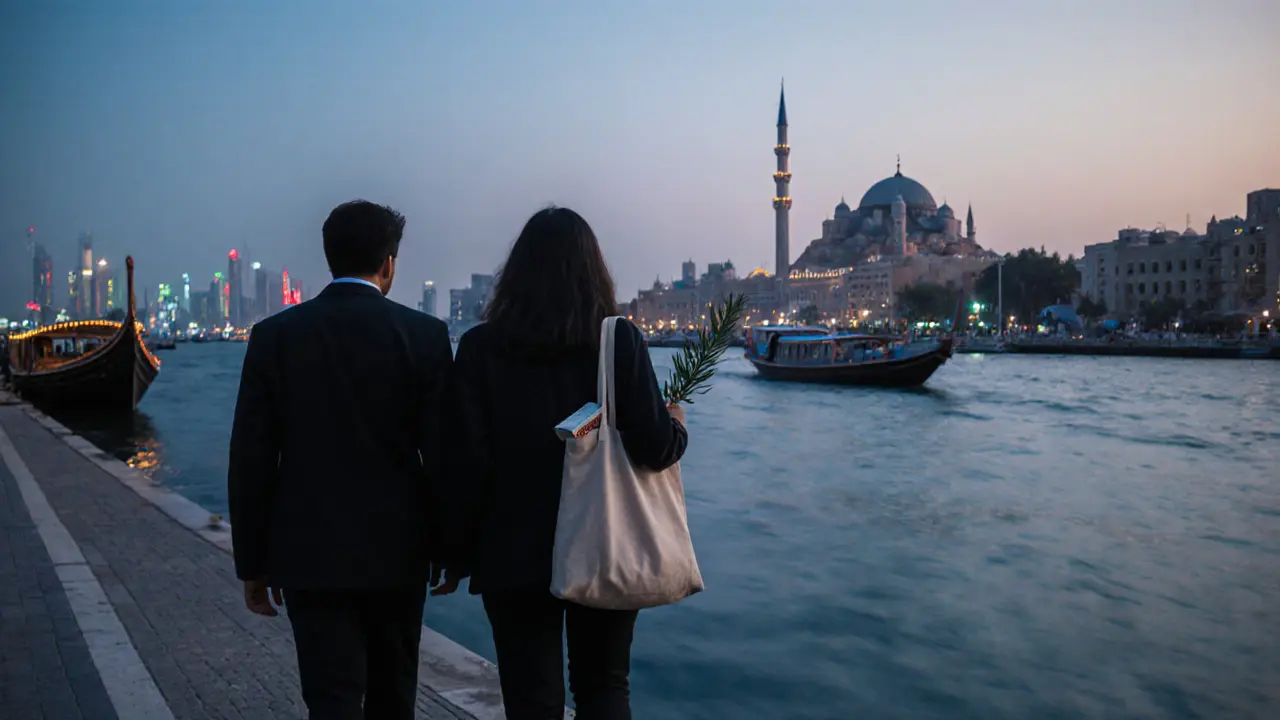 Two individuals walking peacefully along Dubai Creek at dusk, surrounded by traditional dhows and city lights.