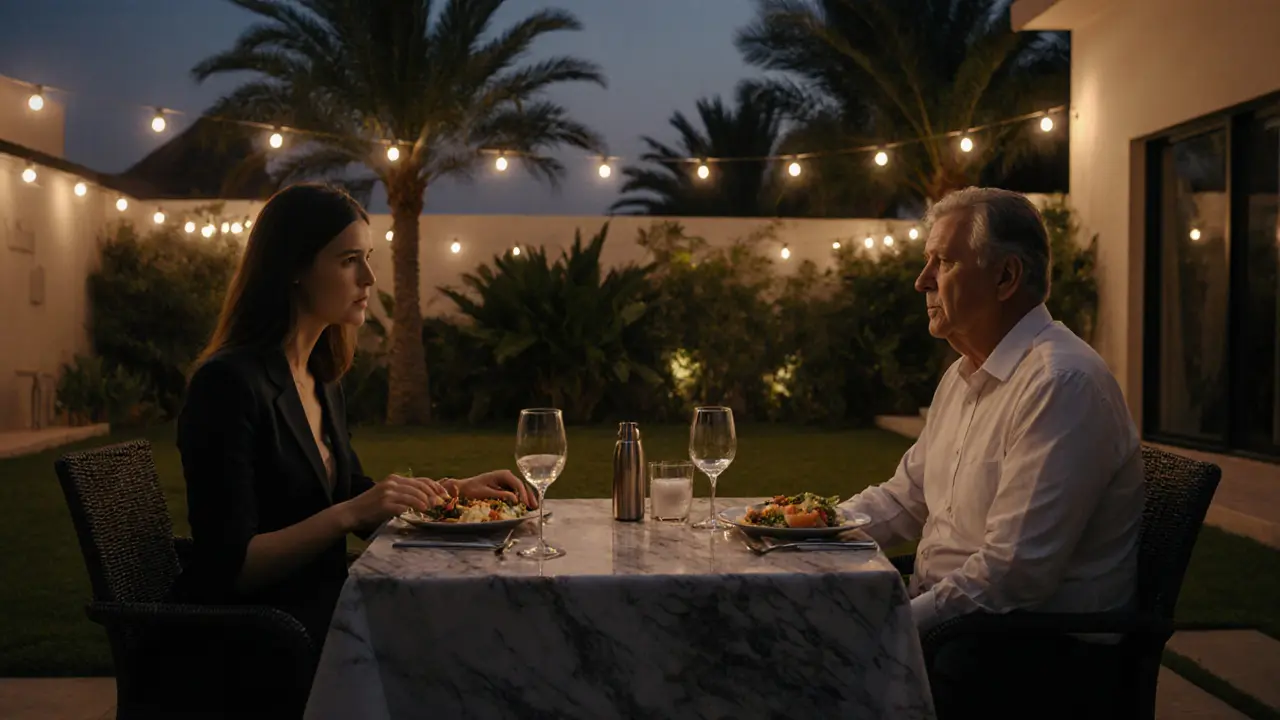 Two people dining privately in a Dubai villa garden at dusk, no phones or money visible.