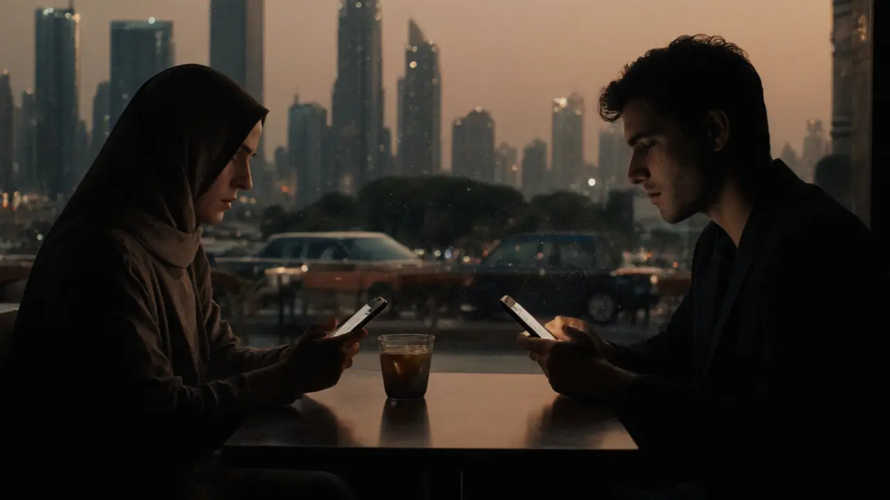 Two people in a Dubai café, quietly using phones, hinting at a cautious romantic connection.