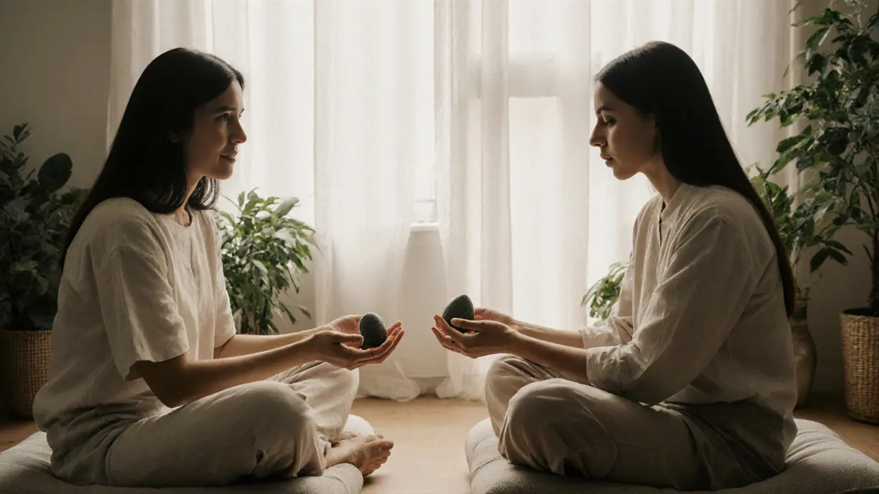 Two people sitting side by side, guided by a therapist to connect through gentle, non-contact hand movement.