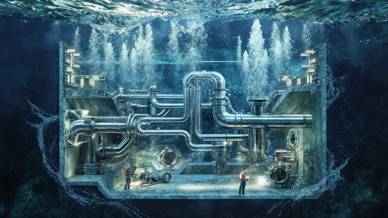 Underwater view of pumps, pipes, and LED lights beneath the Dubai Fountain, with a technician in a dry suit inspecting the system.