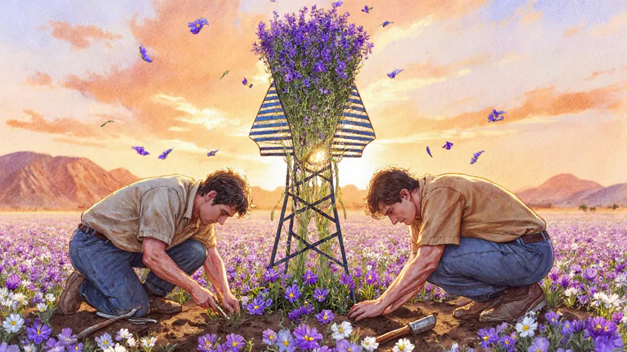 Workers planting flowers by hand on a steel frame shaped like an Egyptian queen, surrounded by purple lobelia and white alyssum at dawn.