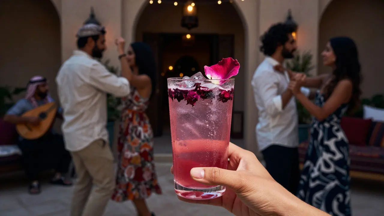 A chilled cocktail with hibiscus and rose petals, garnished with an edible rose, held against a backdrop of soft glowing lights and dancing figures.