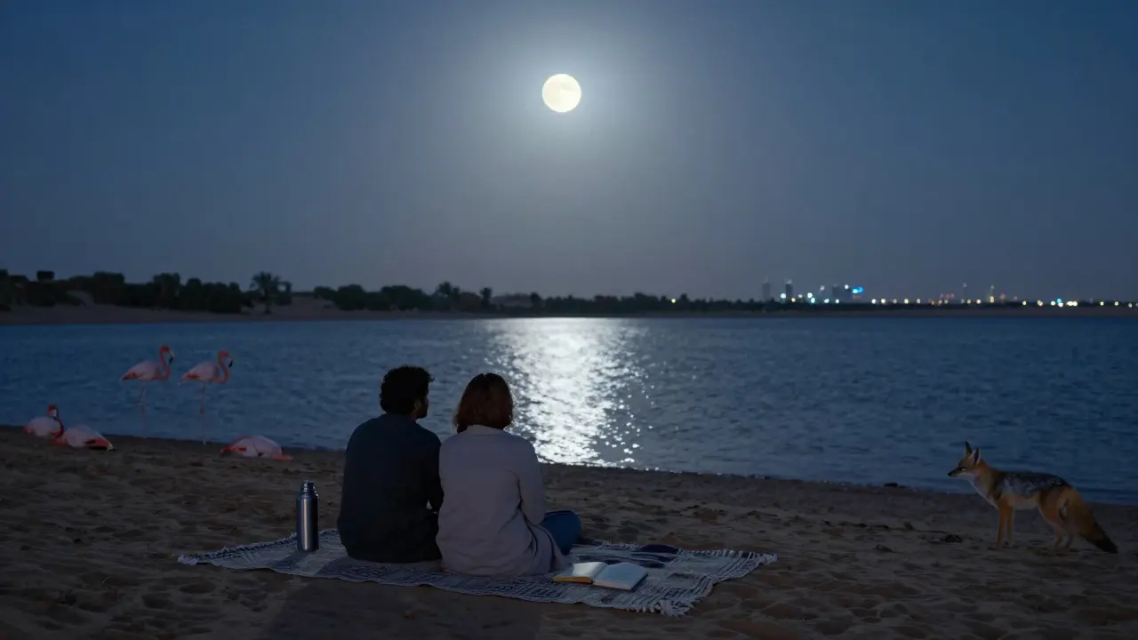 A couple sitting under the stars at Al Qudra Lakes, with flamingos nearby and a book of poetry beside them.