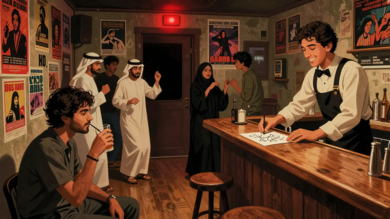 A cozy dimly lit room with vintage posters, a smiling bartender, and a mixed group dancing to eclectic music.