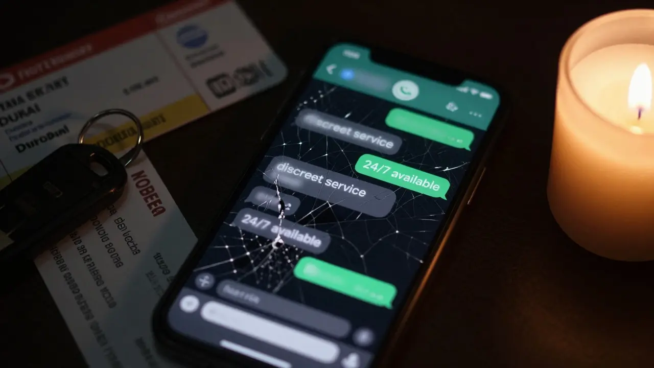A deleted WhatsApp chat on a smartphone screen with a hotel keycard and candle nearby.