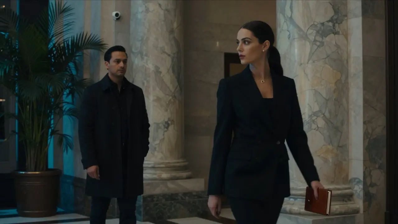 A discreet encounter in a high-end hotel lobby, no physical contact, atmosphere of caution.