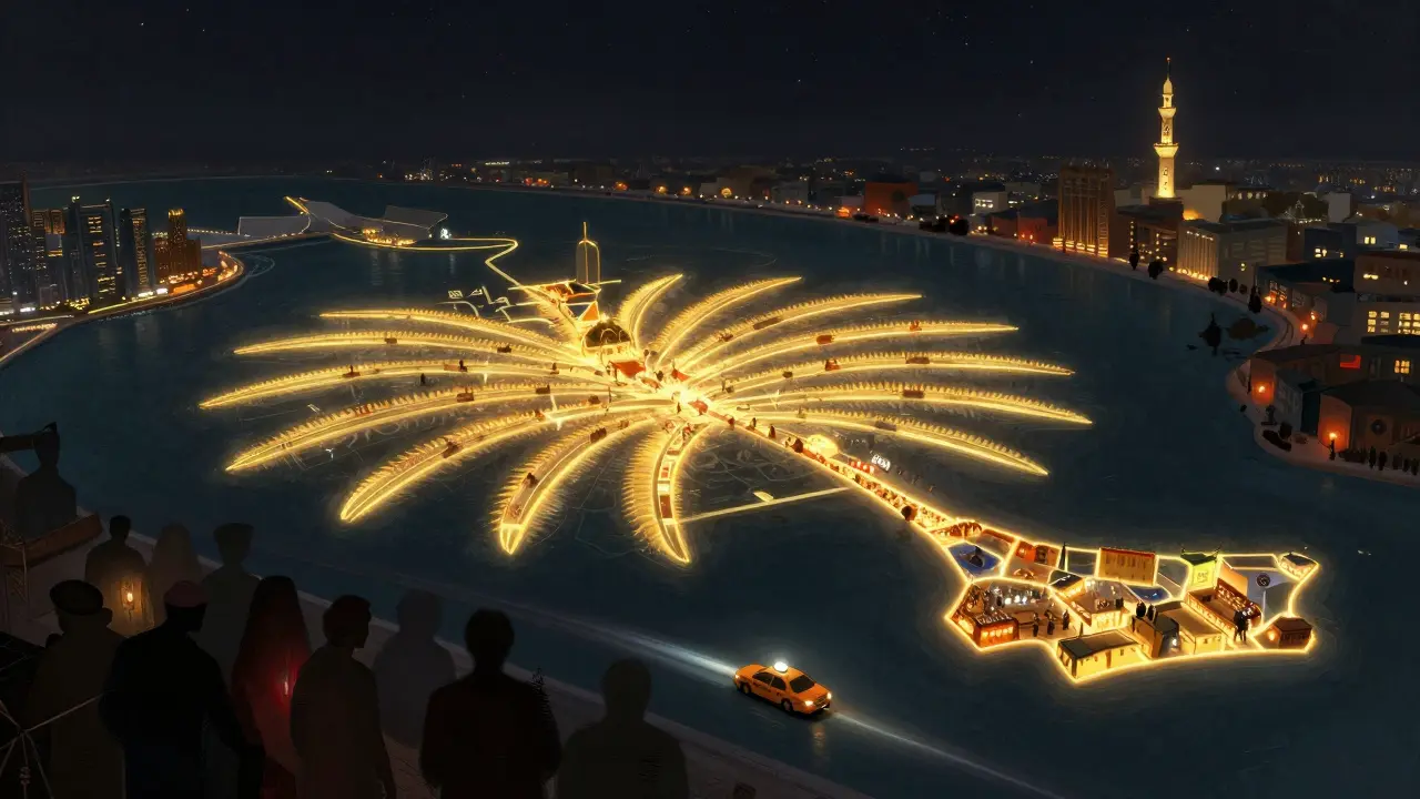 A glowing map shows safe nightlife zones in Dubai, with dark unlicensed areas fading into shadow.