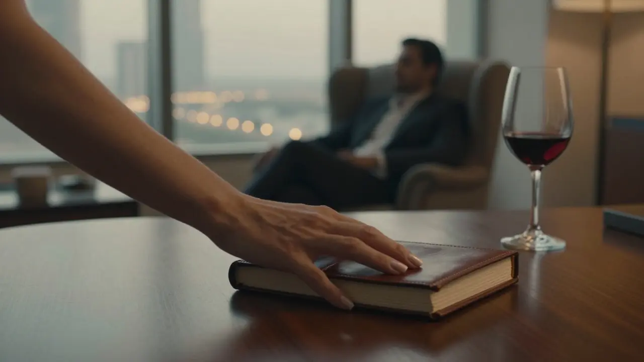 A hand places a journal on a desk as a man sits quietly in shadow, conveying a moment of silent connection.