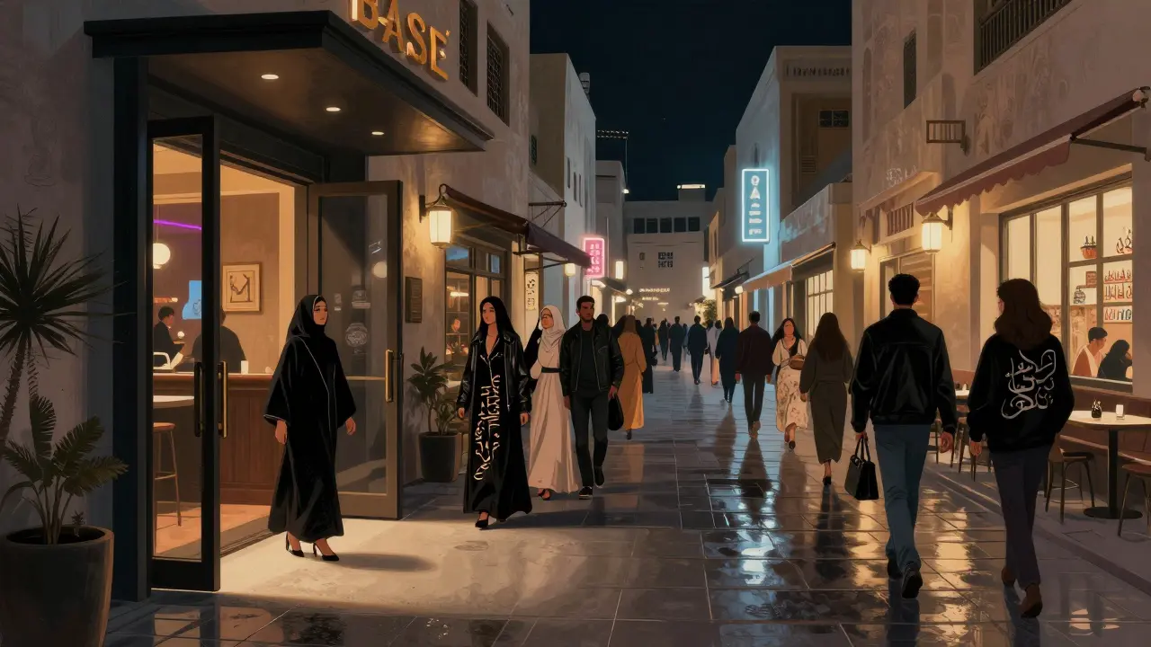 A line of stylish people entering a nightclub at night, walking past art galleries in a creative district.