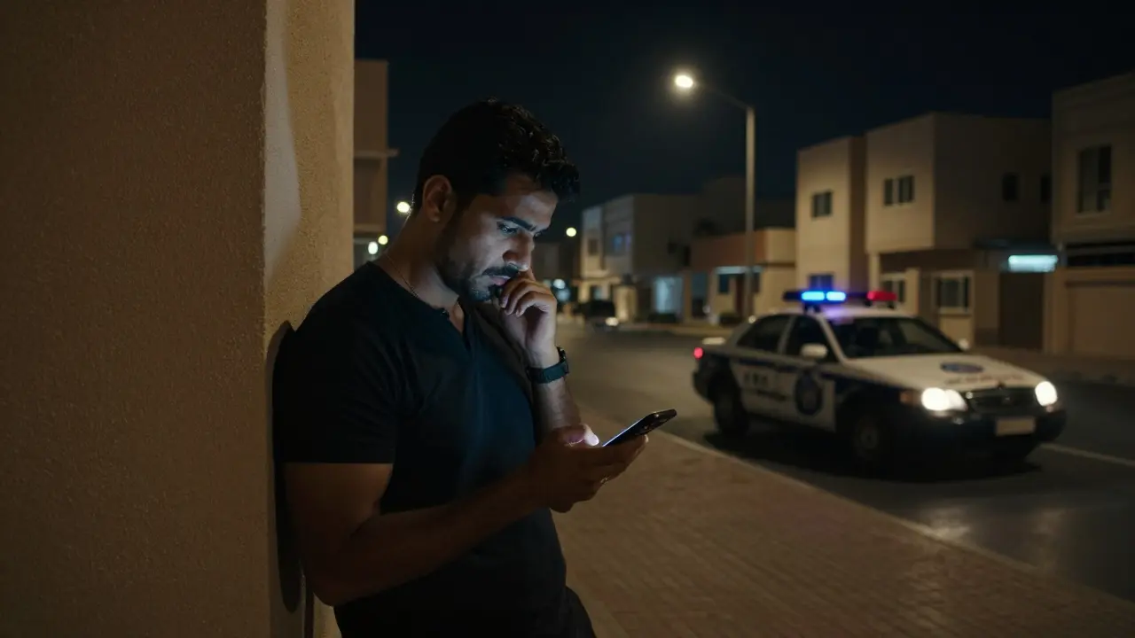 A man犹豫 outside a residential building in Dubai, looking at a suspicious Telegram message.