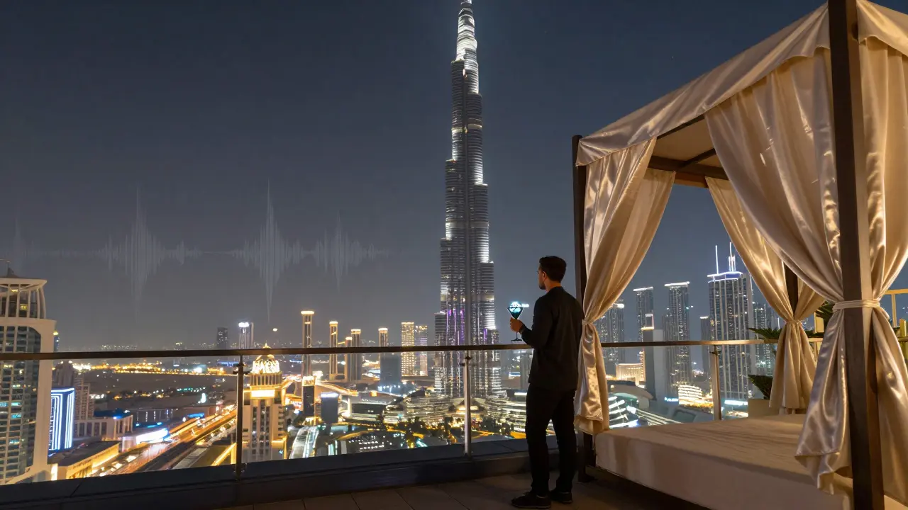 A person on a terrace at night holding a crafted cocktail, watching the Burj Khalifa light up under a starry sky.
