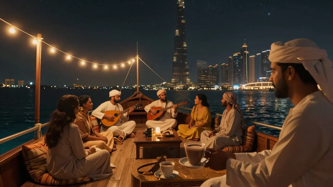 A private dhow cruise at night with soft lights, oud music, and guests enjoying hot chocolate under the stars.