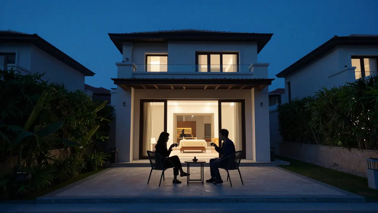 A private villa at night with figures silhouetted on a secluded terrace.
