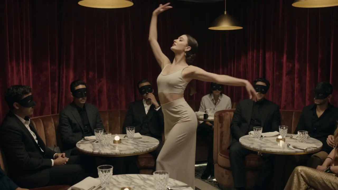 A private VIP lounge in Dubai with a dancer performing for masked guests in soft, intimate lighting.