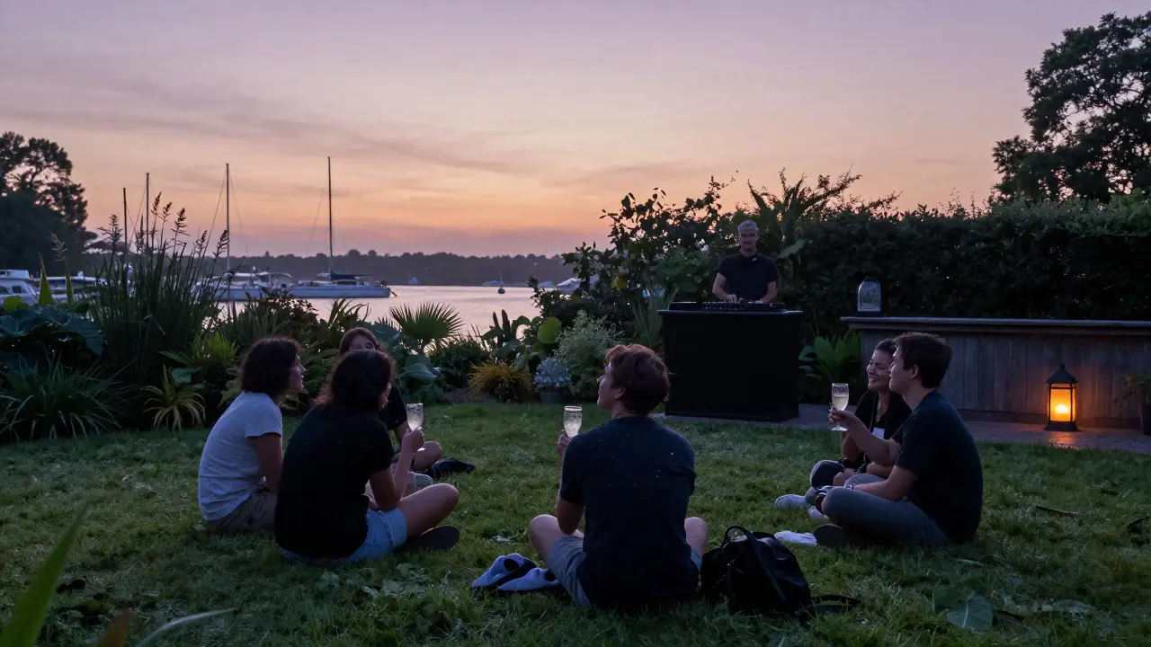 A quiet group sits on grass at dawn after closing, sharing water as the first light of morning touches the Dubai Marina.