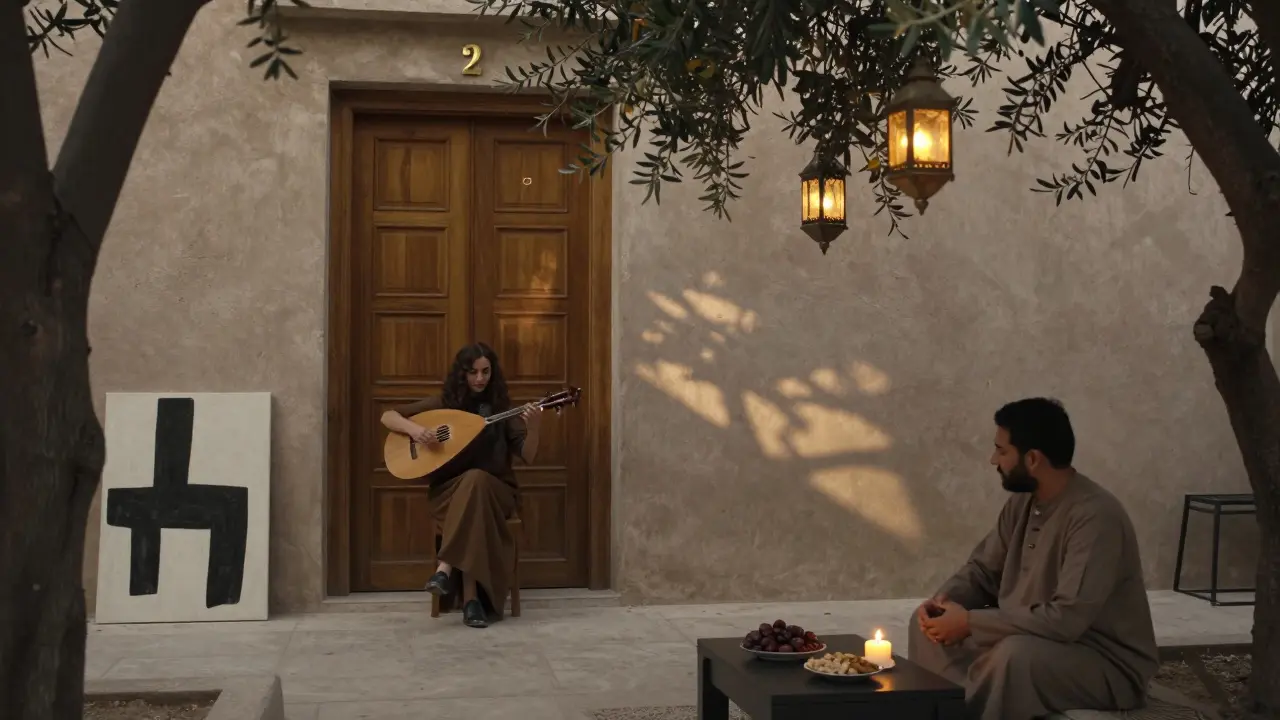 A serene hidden courtyard in Alserkal Avenue with lanterns, an oud player, and a low table set with dates and a candle.