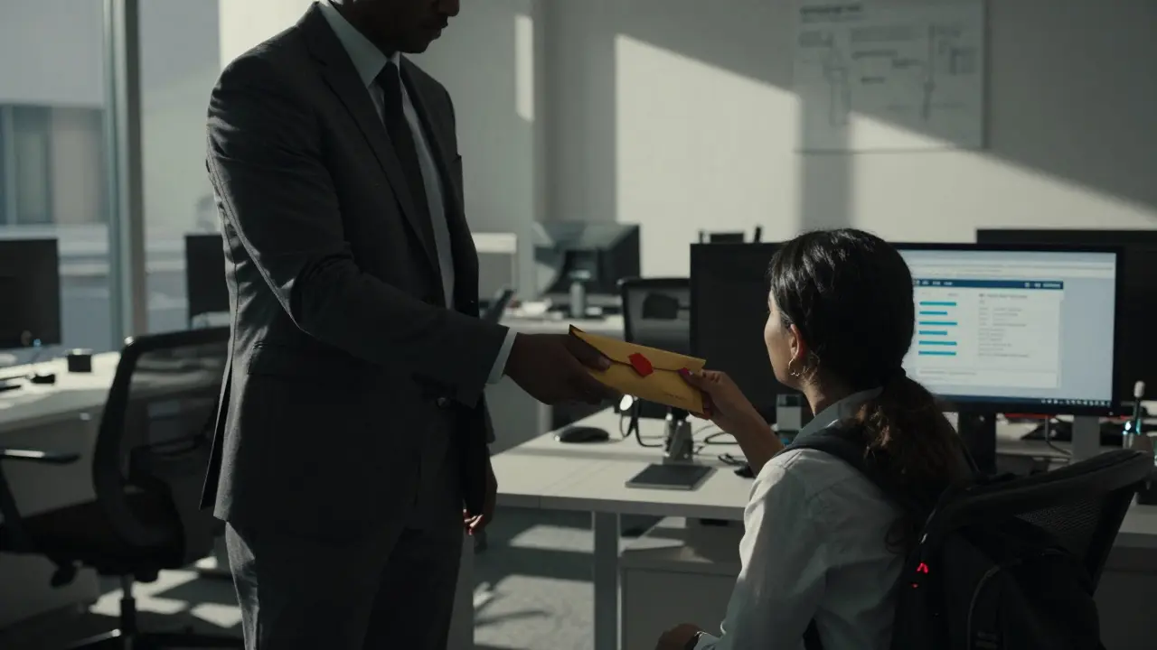 A shadowy figure in a suit hands an envelope to a young woman in a Dubai free zone office, sunlight casting long shadows.