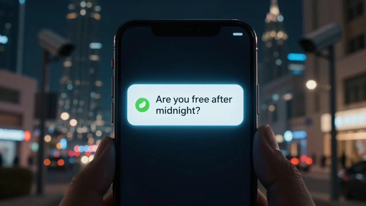 A smartphone screen showing a suggestive message in a dark Dubai street, surveillance cameras visible in the background.