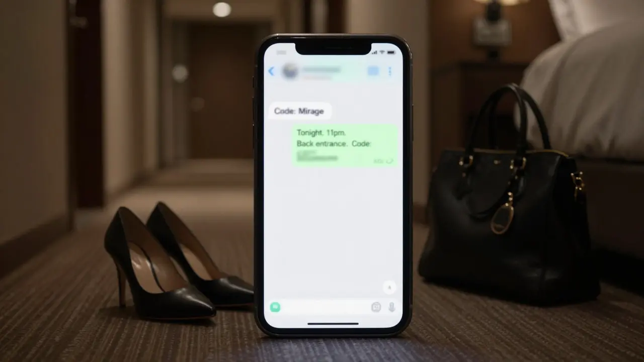 A smartphone showing a cryptic WhatsApp message for a secret venue, next to high heels on a hotel floor.