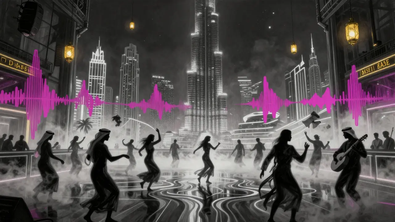 A surreal fusion of Dubai’s skyline and a club’s soundwaves, blending cultural elements in monochrome with bold color accents.