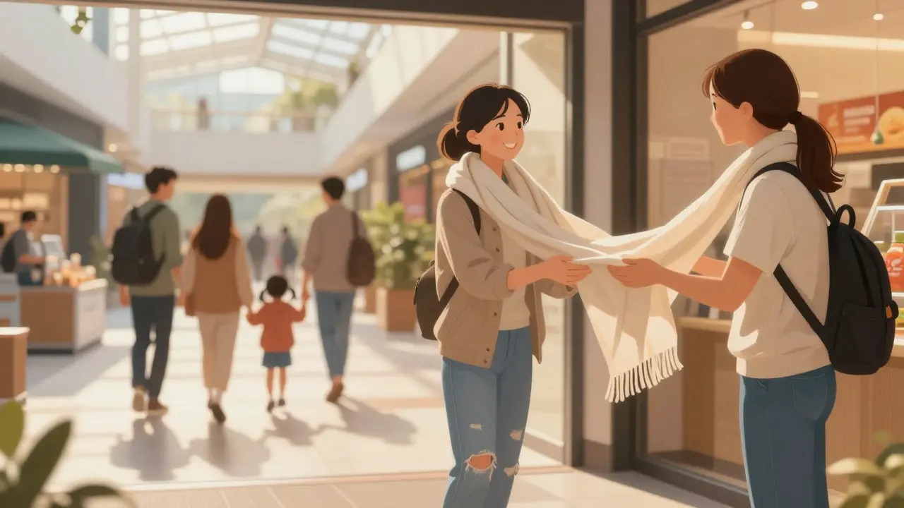 A tourist receives a scarf from a mall attendant near the food court, covering modestly with calm surroundings.