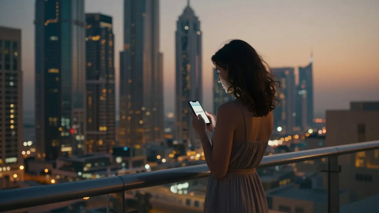 A woman on a Dubai rooftop at dusk, looking at her phone with the city lights behind her.