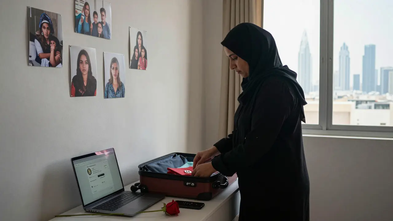 A woman packing in a quiet apartment, family photos on the wall, a laptop shows a Bitcoin deposit, Dubai skyline visible outside.